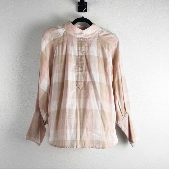 Joie Dia Plaid Balloon Sleeve Split Neck Cotton Blouse Cream Pink Large - Picture 2 of 7